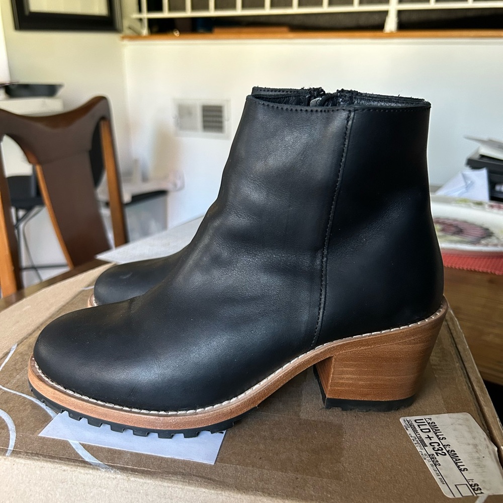 Portland Leather Goods Patina Black Ankle Booties with Wooden Heel
